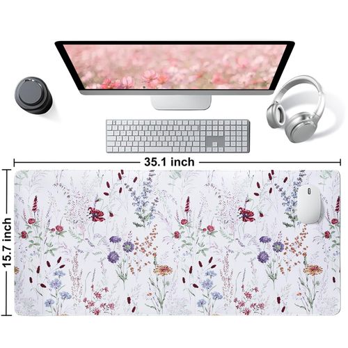 MEGREZ Mouse Pad Gaming, Large Mouse Pads for Desk (35.1x15.7 Inch), Desk Mat for Keyboard and Mouse, Non-Slip Rubber Base, XL Mouse Mat for Home and Office, Rice Ears on White (White)