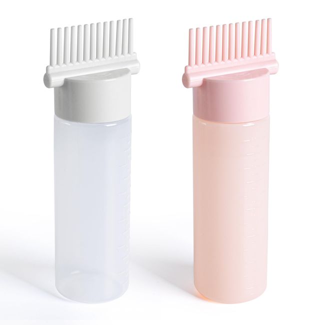 MEGAVOW Pack of 2 Root Comb Applicator Bottle 180ml, Squeeze Shampoo Brush Hair Coloring Dye and Scalp Treatment Tools with Graduated Scale (2 Colors)