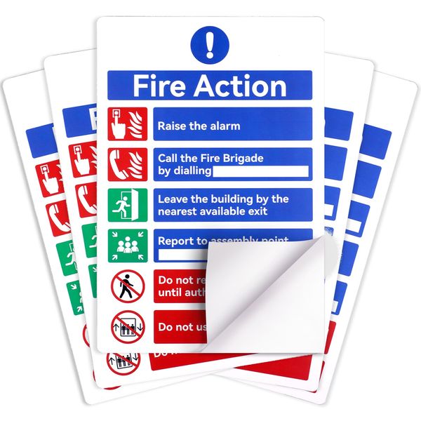 Deepton 300X200mm Fire Action Notice Sign, 5 Pack Fire Assembly Point Sign, Big Fire Exit Sign, Self Adhesive Fire Safety Signs with Emergency Number, Fire Alarm Guidelines, Fire Signage