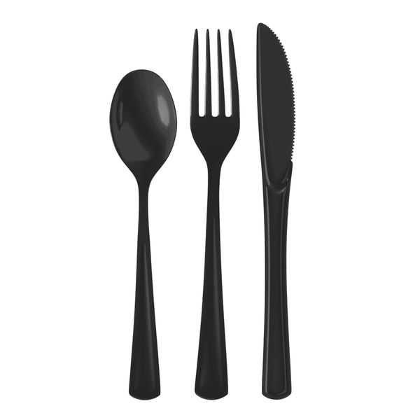 Exquisite 150 Pack Black Plastic Utensils Heavy Duty Cutlery Set 50 Plastic Forks 50 Plastic Spoons 50 Plastic Knives Perfect Plastic Silverware Party Pack Set for all occasions