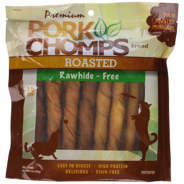 Pork Chomps Roasted Pork Skin Dog Chews, 6-inch Twists, 15 Count