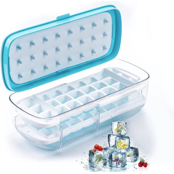 Smalody Ice Cube Tray with Lid for Squares Ice Cube with Lid Soft Easy to Remove Freezer Storage Durable for Home Use Blue