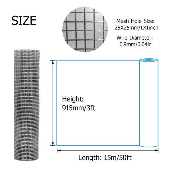 Welded Wire Mesh 3ft X 50ft Hot Dipped Galvanised Steel Stainless Steel Woven Wire Mesh Durable Air Brick Vent Mesh Cover Garden Netting Anti-rust for Mice Rat Rodent Proof Insect Control Tree Guards