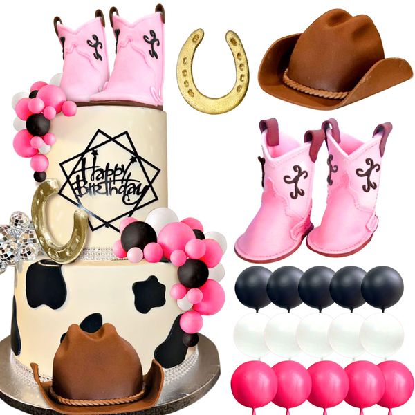 JeVenis Cowgirl Cake Topper Western Cake Decorations Cowgirl Baby Shower Cowboy Hat Birthday Cake Topper Pink Balls Cake Topper Cow Balls Cake Topper