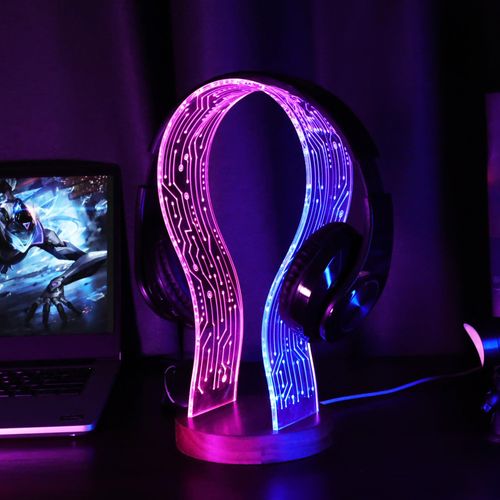 CoolGift Mart Gifts for Gamers and Music Lovers, Light Up Headphone Stand, Walnut Wood Headset Holder with Blue Pink LED Night Light, Ideal Desk Accessory