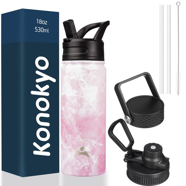 Konokyo Insulated Water Bottle with Straw,18oz 3 Lids Metal Bottles Stainless Steel Water Flask,Marble Blossom