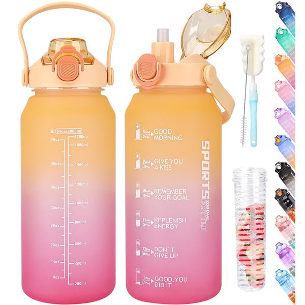 AOPREL Drinking Bottle 2 Litres, Water Bottle with Straw and Fruit Container, Suitable for Sports, Carbonated Drinks, BPA-Free, Leak-Proof Sports Bottle with Time Marking for Fitness, Yoga and Outdoor