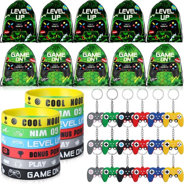 Nosiny 72PCS Video Game Party Favors Birthday Include 24 Video Game Goodie Drawstring Bags 24 Silicone Bracelet 24 Controller Keychain for Kids for Party Supplies (Green, Vivid)