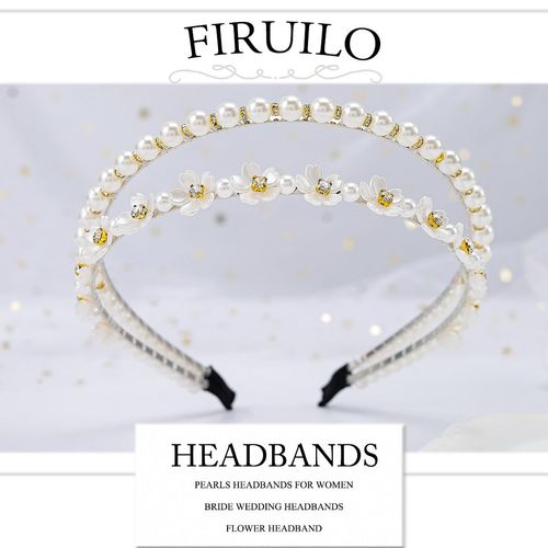 Firuilo Double Pearl Headband Wedding Flower Hairband Sparkle Rhinestones Head Band Silver Bridal Hair Accessories for Women