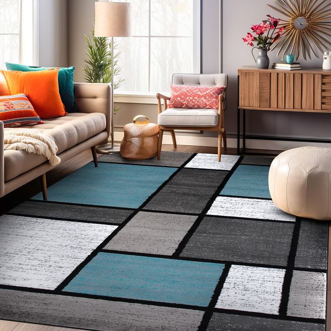 Rugshop Rug Contemporary Modern Boxed Color Block Blue Gray Living Room Rugs 6x9