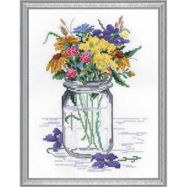 Janlynn Wildflower Jar Counted Cross Stitch Kit, White, Yellow, Blue