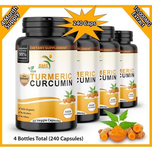 4X Turmeric Curcumin 95% With Black Pepper Pills Extra Strength Tumeric 240 Caps