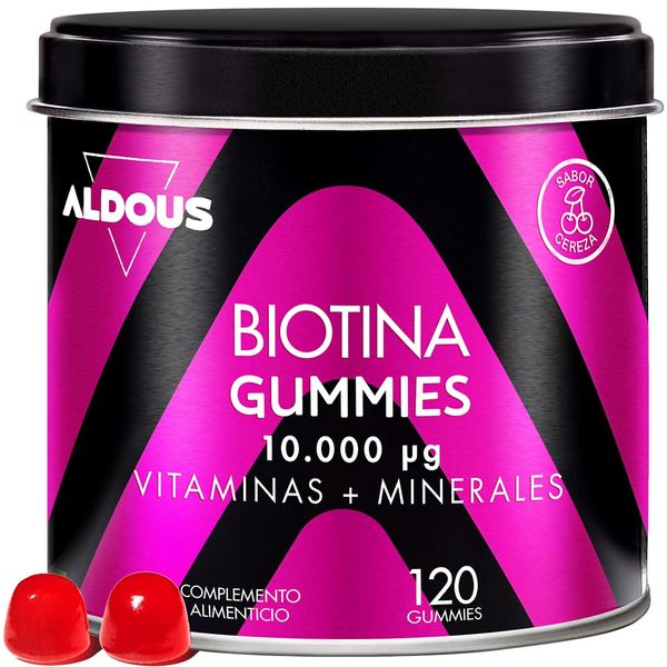 Biotin 10,000 mcg - 120 Gummy Bears - Cherry Flavour - Hair Bobbles - Folic Acid, Zinc, Selenium, Iodine + Vitamins - Biotin for Hair - Hair Skin & Nails Vitamins - Multivitamins - Multivitamins