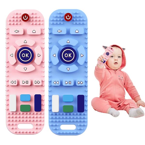 Baby Teething Toys, 2 Pack Silicone Remote Control Baby Teether Toys Suitable for Babies 6-12 Months，Baby Teethers Relief Soothe Toys，Boys Girls Baby Molar Remote Teether Chew Toys Set.（Blue+Pink）