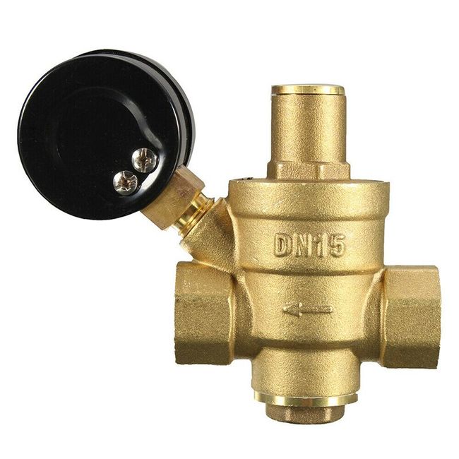 Water Pressure Valve, Brass DN15 Adjustable Water Pressure Regulator Pressure Reducing Valve with Gauge Meter for Tap Water Equipment