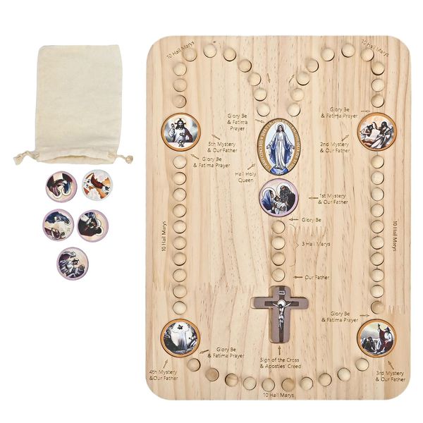 RERUICO Wooden Rosary Board with 54 Rosary & 22 Mysteries Prayer Cards Montessori Educational Toy Catholic Rosary for Kids to Learn Pray