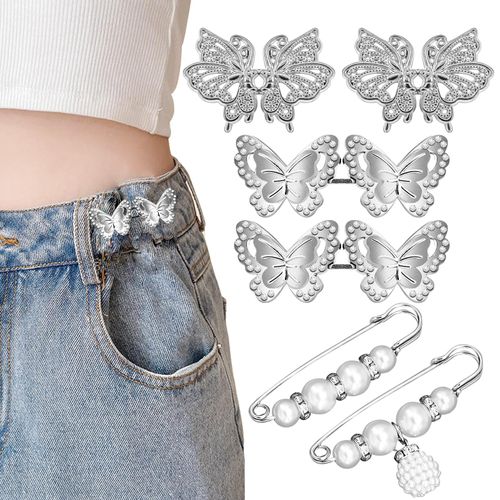 6Piece Pant Waist Tightener, Butterfly & Pearl Style Trouser Clip Waist Tightener, Waist Clip Pins Reusable for Loose Jeans Waist Clip No Sewing Required Decorative Accessories No Tools Required