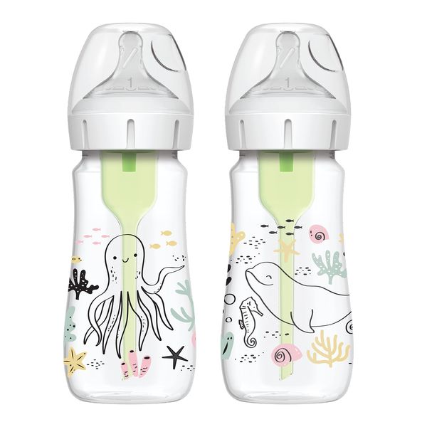 Dr Brown's Anti-Colic Options+ Wide-Neck Baby Bottle, 9oz/270ml, 2-Pack - Ocean Design