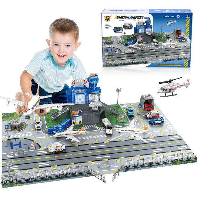 Airport Aircraft Vehicles Toy Set for Kids - with Game Mats 2 Plane Helicopter Luggage Cars Fire Trucks Race Cars, Birthday Gift Early Learning Playset for 3 4 5 6 7 8 Years Old Toddlers Boys & Girls