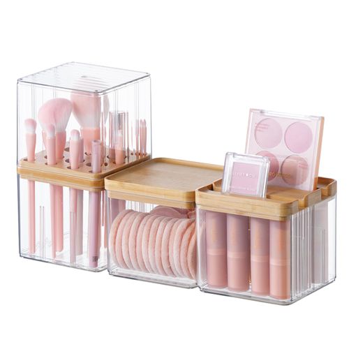 Makeup Brush Holder Comb with Cover Makeup Containers Organizers Set Makeup Holder Box Cosmetic Case With Lid Waterproof Dustproof Beauty Skincare Organizer Bathroom Vanity Countertop,Gift,Clear，3PCS