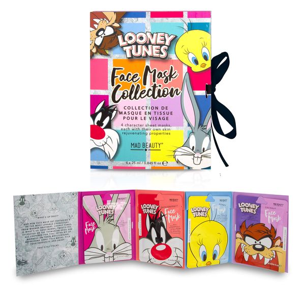 MAD BEAUTY Looney Tunes Sheet Face Masks Set (Pack of 4) | Bugs Bunny, Sylvester, Tweety, and Taz | Passionfruit, Coconut, Honey, and Strawberry to Soothe and Rejuvenate Tired Skin