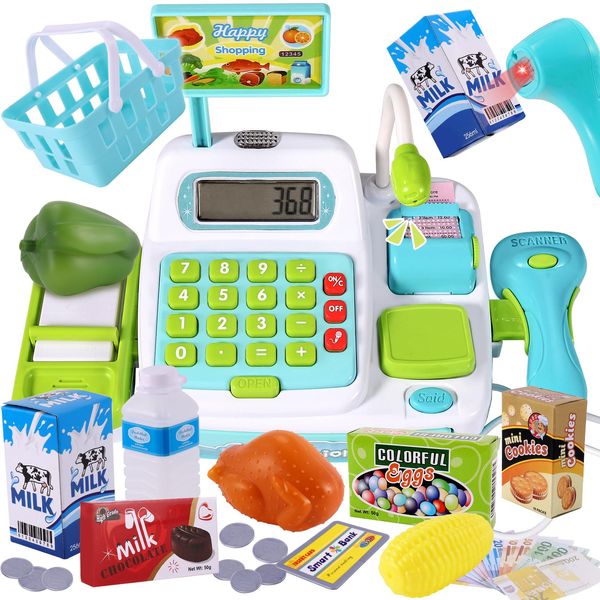 BUYGER Kids Pretend Play Cash Register for Kids with Scanner and Credit Card Calculator Play Food Money Supermarket Grocery Toys Playset for Kids Ages 4-8 3 4 5 + Years Old