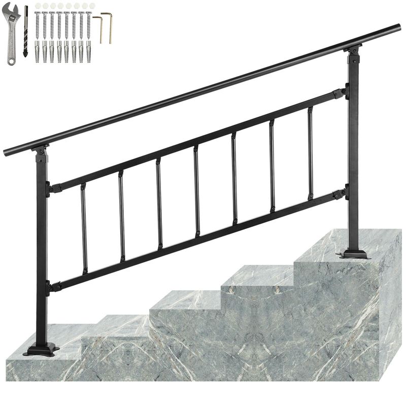 VEVOR Iron Handrail Stair Railing Hand Rail Kit 5-6 Steps Outdoor Black ...