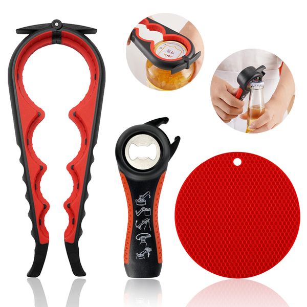 Jar Opener for Weak Hands, Easy Twist Jar Opener For Seniors with Arthritis, 5 in 1 Multi Function Bottle Opener Lid Opener For Arthritic Hands with Non Slip Rubber Jar Gripper Pad(3-piece set, Red)