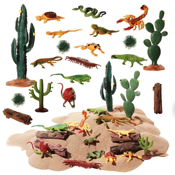 Sratte 26 Pcs Desert Reptiles Figurines Animals Toys Model Trees Kit Desert Diorama Supplies with Lizard Snake Toys Playset for Cake Toppers Kids Toddlers Birthday Party Decor