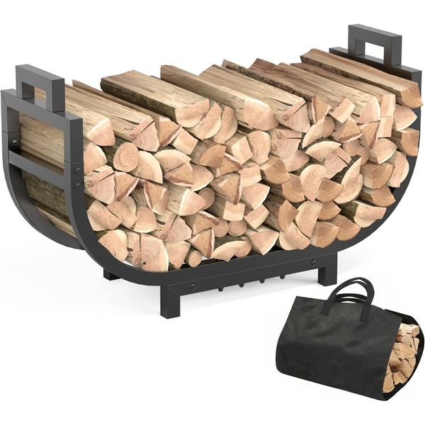 30 Inch Firewood Rack Outdoor Indoor Handle Log Carrier Bag Stable Metal Wood