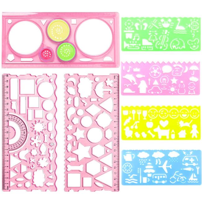 YFFSFDC Template 7-Piece Multi-functional Design Ruler Set Drafting Ruler Set Measuring and Drawing Supplies, Stationery Supplies, Craft Drawing Ruler, Art School, Elementary School Students, Children, Painting (Pink)