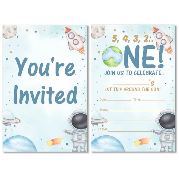 First Trip Around the Sun Outer Space First Birthday Invitations with Envelopes Set of 20 Galaxy Space 1st Birthday Party Invites Fill in Blank