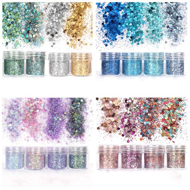 Unime Body Glitter 16 Colors Chunky Glitter for Body Face Hair Make Up Nail Art Mixed Color Glitter