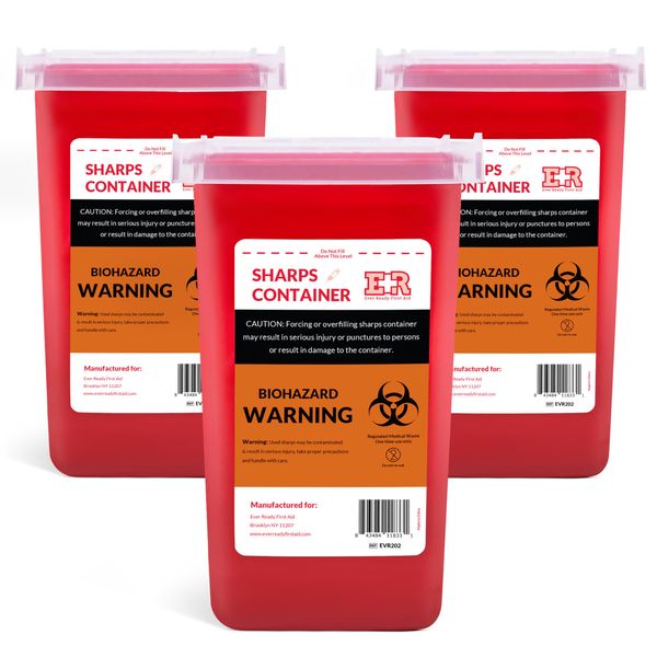 Ever Ready First Aid Sharps Container with Split Lid Design and Locking Mechanism for Sharp Waste Disposal, 1 Quart - 3 Count