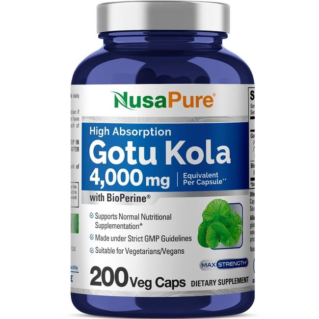 NusaPure Gotu Kola Capsules 4000mg Per Veggie Caps | 200 Count | Non-GMO