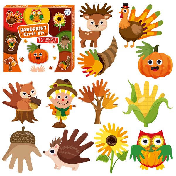 WATINC Fall Handprint Art Craft - 12Pcs Autumn Pumpkin Turkey Owl Easy DIY Craft Kit, Scarecrow Forest Animals Themed Hand Print Arts Supplies Preschool Classroom Activity Party Favors for Kid Toddler