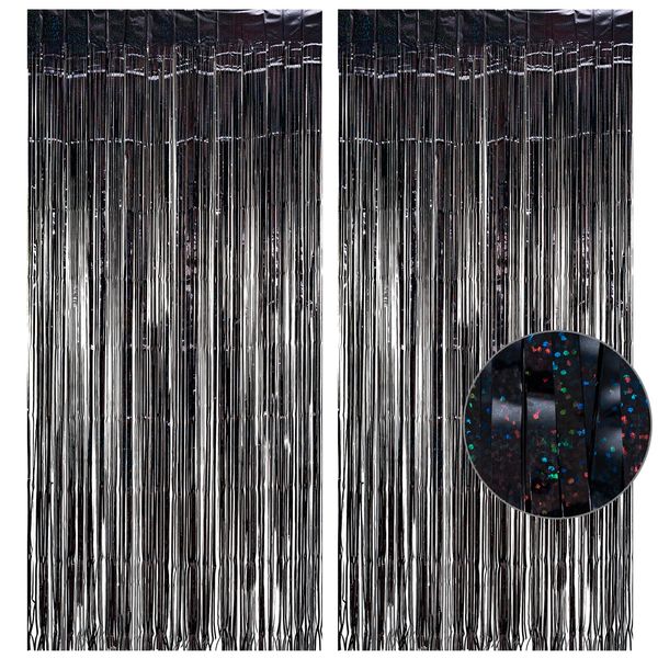 Black Tinsel Curtain Party Backdrop - GREATRIL Foil Fringe Curtain Party Streamers for New Years Eve 2024 Birthday Graduation Halloween Stranger Theme Party Decorations Pack of 2