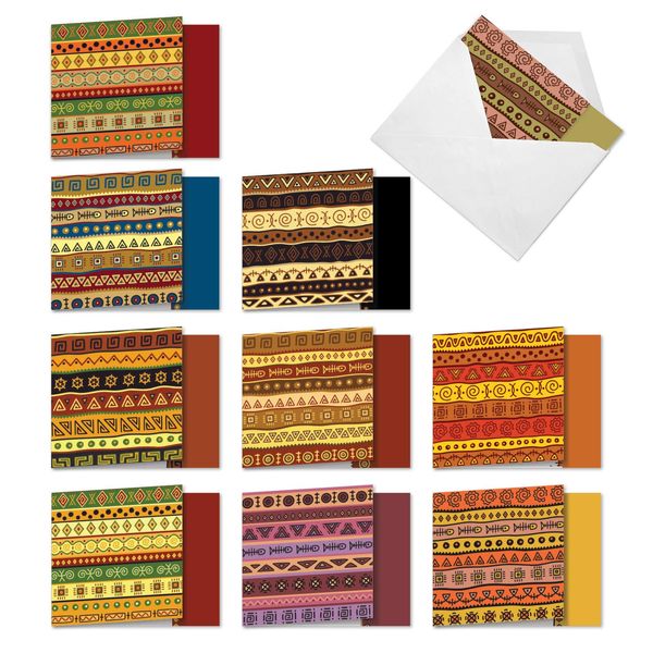 The Best Card Company - 10 Assorted Blank Note Cards with Envelopes Bulk Boxed Set (4 x 5.12Inch) - Fabric Patterns Prints Variety Pack - African Motifs AMQ6116OCB-B1x10