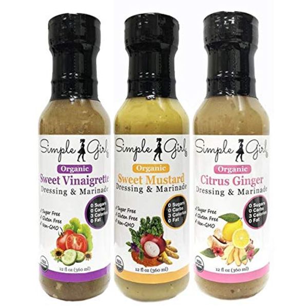 Simple Girl Salad Dressing-3 Bottle Pack- Sweet Vinaigrette, Sweet Mustard and Citrus Ginger (Sugar Free Dressings, No Carb, Fat Free, Diabetic, Gluten Free, Vegan, Vegetarian), 12 fl.oz each