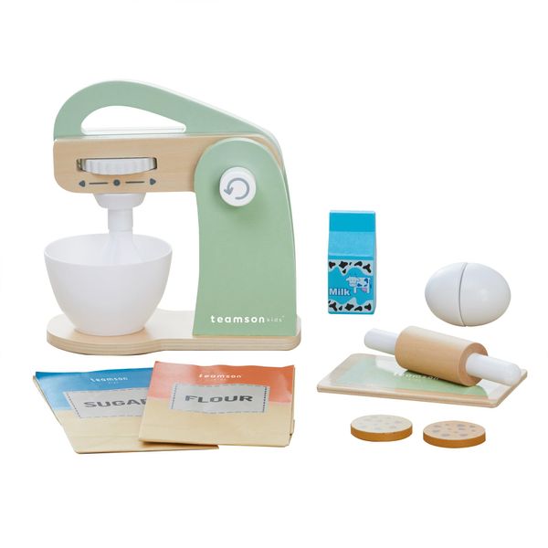 Teamson Kids Little Chef Frankfurt 10 Piece Wooden Cookie Baking Play Kitchen Mixer Accessory Set with Pretend Food and Ingredients, Green