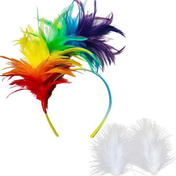 NHBETYS Colorful Feather Headband with 2Pcs White Feather Hair Cilps, Rainbow Halloween Wedding Party Carnival Fascinator, Cosplay Hair Hoop Fancy Dress Outfit Headdress for Women Girl