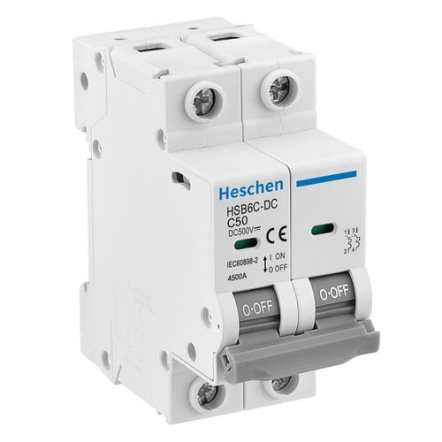 Heschen DC Miniature Circuit Breaker, HSB6C-DC, 2 Pole, DC500V 50A, Photovoltaic Circuit Breaker for Solar PV System, Solar Panels Grid System, 35 mm DIN Rail Mounting