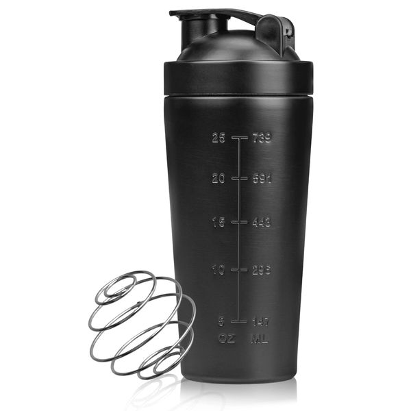 PLUTEO Protein Shaker Bottle 750ml, Shaker Cup Stainless Steel with Mixer Ball for Fitness Sports and Travel - Black