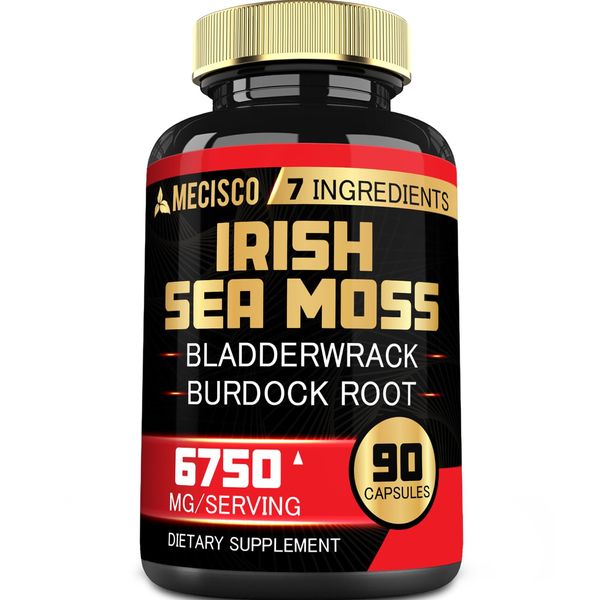 7in1 Irish Sea Moss Capsules 6750 Mg with Organic Bladderwrack & Burdock Root, Turmeric, Apple Cider Vinegar - Raw Seamos Pills for Hair, Skin, Thyroid Healths - 90 Caps for 3-Month Supply