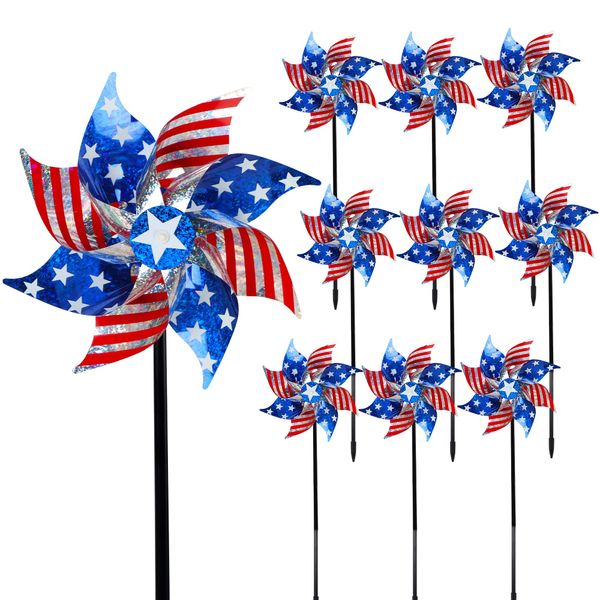 Hausse 10 Pack Reflective Pinwheels Patriotic Decorations, American Flag on Stick Wind Spinner with Stake for Independence Day, Memorial Day July of 4th Party Supplies, Scare Birds Repellent Devices