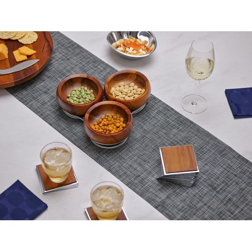 nambe Twist Coaster 6-Piece Set | Wooden Drinks Coasters for Tabletop Protection | Made of Acacia Wood and Metal Alloy | Unique Sculptural Design for Coffee Table or Bar Décor | 4.25 Inches