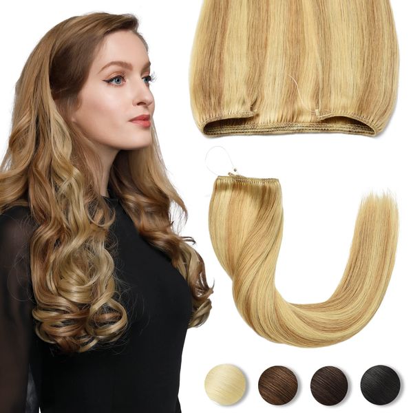 PARXITN Secret Hair Extensions Echthaar Lange Glatt Unsichtbare Extensions Echthaar 1 Tresse Wire Hair Extensions Human Hair 60g 40cm Haarverlängerung Honigblond gemischt Hellblond