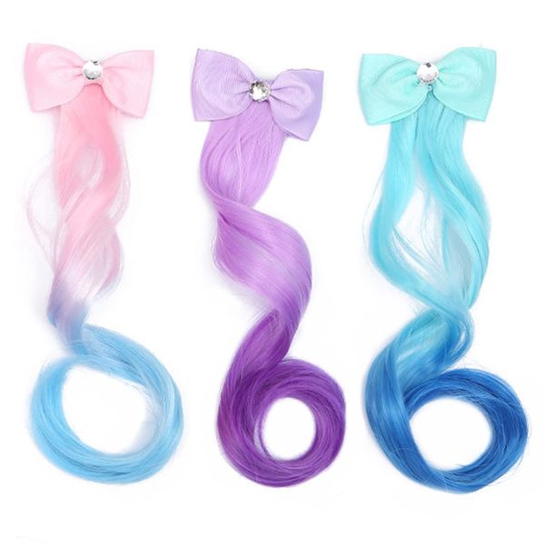 SIOPPKIK 3PCS Locken Haarverlängerung Clips, Bogen Prinzessin Haarspangen Mädchen Haarschmuck, Bunte Haarteile Synthese Party Ankleiden