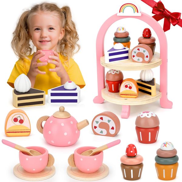 Tea Party Set Girl Toys - Wooden Tea Set for Little Girls Kids Toddlers Pretend Play Food Kitchen Toy Set Wooden Toy Birthday Gifts Toys for Girls 3 4 5 6 Year Old Girl