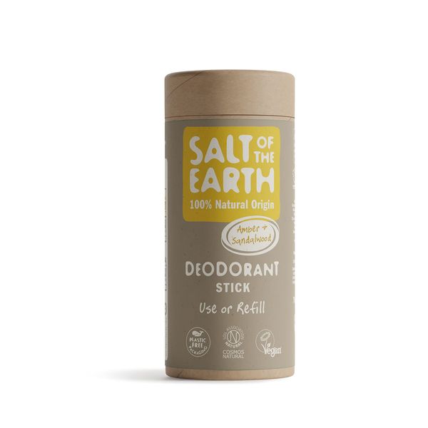 Salt Of the Earth No Plastic Natural Deodorant Stick, Amber & Sandalwood, Refill, Aluminium Free, Vegan, Long Lasting Protection, Leaping Bunny Approved, Made in The UK, 75 g, (Pack of 1)